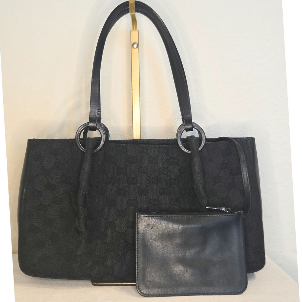 Gucci Black GG Canvas Tote Bag Leather Trim Shoulder Bag w/ Matching Zip Pouch